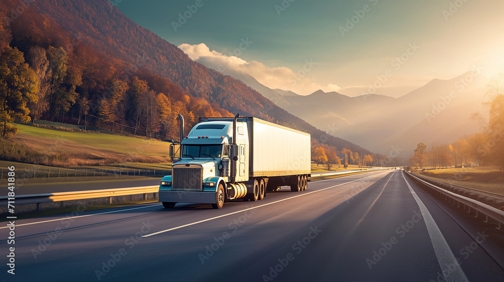 Commercial white truck on fall scenic highway, mountain vista, freight transport, sunrise journey, logistics, road trip, colorful autumn trees.