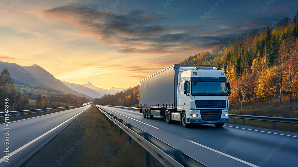 Modern white truck on highway with autumn trees and mountain backdrop, commercial transport, freight logistics, sunrise, road trip, scenic drive. Modern white truck on highway with autumn trees and mountain backdrop, commercial transport, freight logistics, sunrise, road trip, scenic drive.