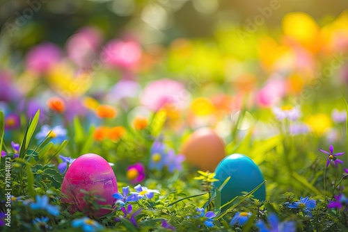A colorful Easter egg hunt in a garden filled with blooming flowers photo