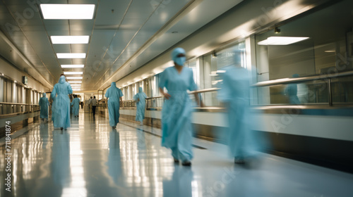 Motion Blur Shot Of Medical Staff Wearing Scrubs In Busy Hospital Corridor © alexkich