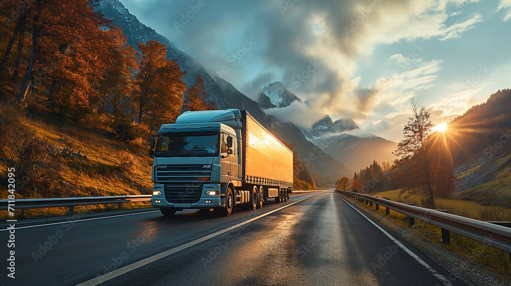 Commercial white truck on fall scenic highway, mountain vista, freight transport, sunrise journey, logistics, road trip, colorful autumn trees.