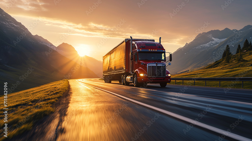 Red semi-truck driving at sunset on mountain highway, transport logistics, freight delivery, scenic route, golden hour, road trip, commercial vehicle.