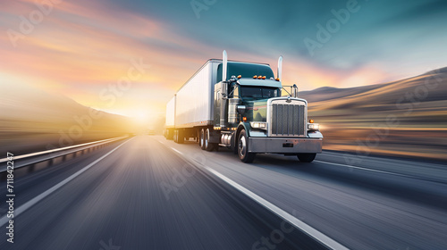 Big rig trucking at dusk, transport logistics, highway travel, sunset backdrop, freight industry, dynamic motion, cross-country, commercial delivery.