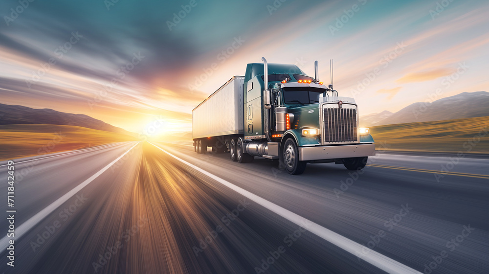 Transportation logistics at golden hour with semi-truck on highway, fast delivery, commercial freight, road travel, industry, sunset, dynamic.