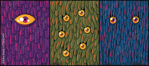 Scary mutant creature. Monster face.  Horror beast, grunge poster set