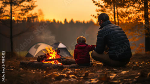 Father with son warm near campfire  drink tea and have conversation