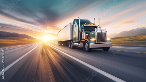 Transportation logistics at golden hour with semi-truck on highway  fast delivery  commercial freight  road travel  industry  sunset  dynamic.