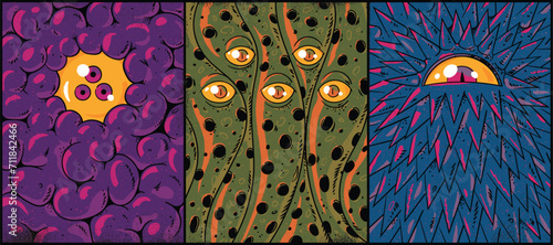 Monster face. Scary mutant creature. Horror beast, grunge poster set