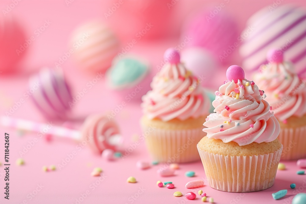 Pink table top on pink background with decorated lollipops and cupcakes, children birthday party Pink table top on pink background with decorated lollipops and cupcakes, children birthday party