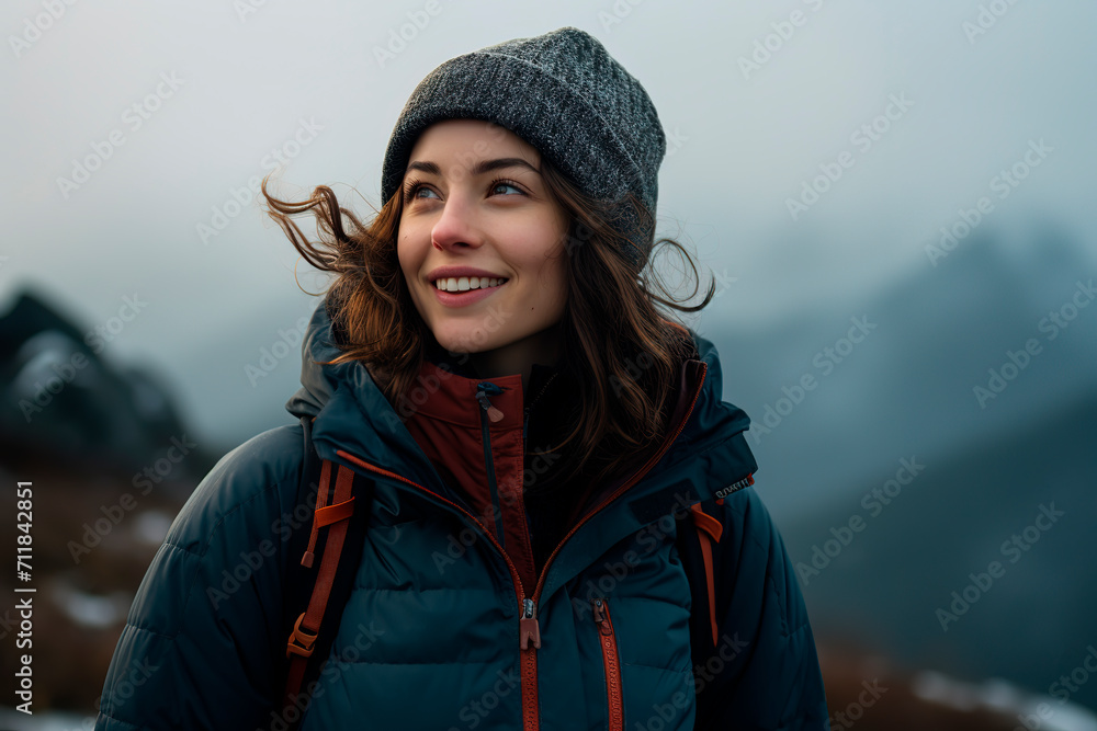 A woman in a winter jacket stands at a mountain. Generative AI A woman in a winter jacket stands at a mountain. Generative AI
