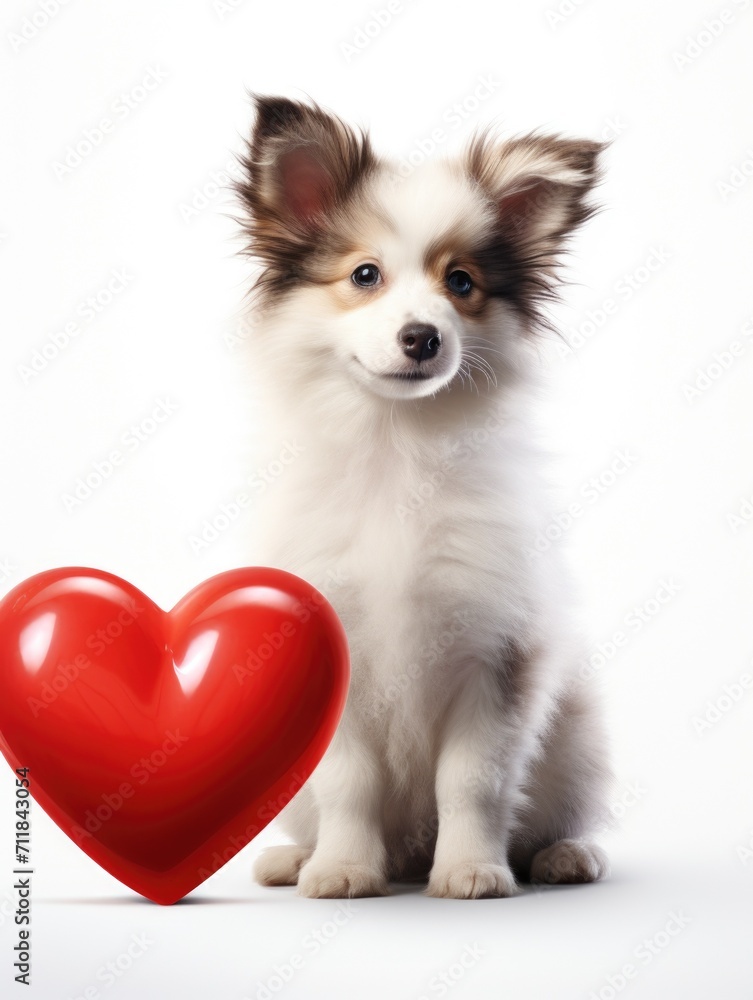 A puppy with a heart-shaped balloon on a white background. Valentine's day