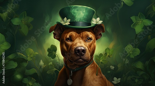 A dog rabbit in a green hat in the bushes. A postcard for St. Patrick's Day. Advertising of a pet store or veterinary service photo