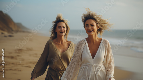 Beach, hug and elderly mother and daughter relax, bond and enjoy quality time freedom, peace or travel vacation. Mamas love, nature wind and happy family portrait of women