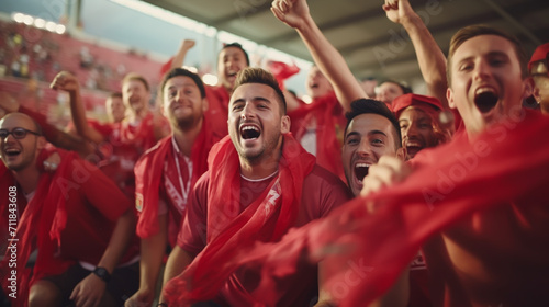 group of fans dressed in red color watching a sports event in the stands of a stadium