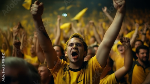 group of fans dressed in yellow color watching a sports event in the stands of a stadium photo