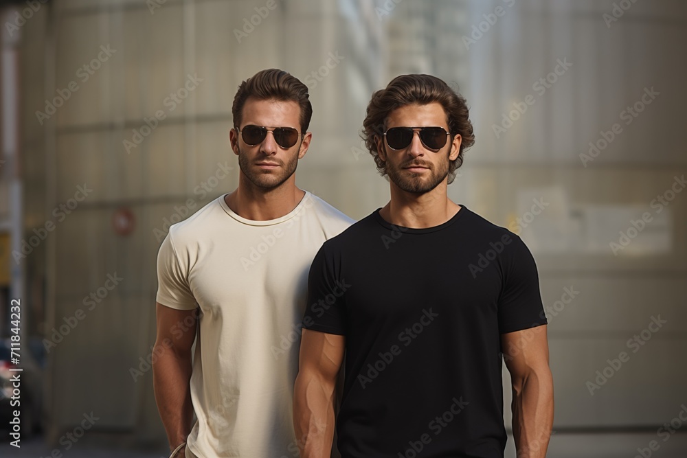 Two men wearing blank beige and black t-shirt - obrazy, fototapety, plakaty 