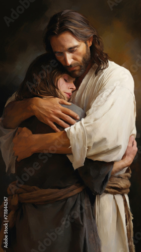 Jesus hugs a sad young man