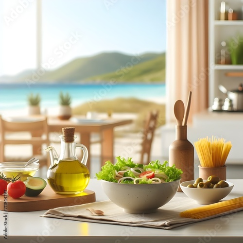 Mesa com Salada, azeite, macarrão ao fundo uma linda paisagem, tudo pronto para o preparo de uma refeição photo