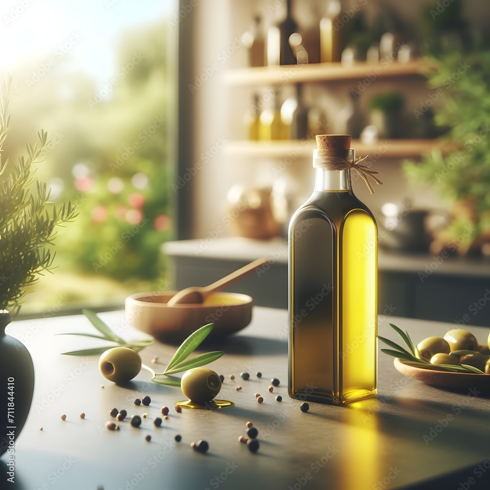Bottle of olive oil on a table, with a kitchen background blurred in the distance, accompanied by salad, olives, and pasta - obrazy, fototapety, plakaty 