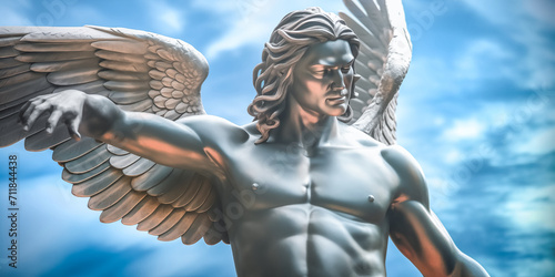 Metal Guardian angel statue in light as a symbol of strength, truth and faith.