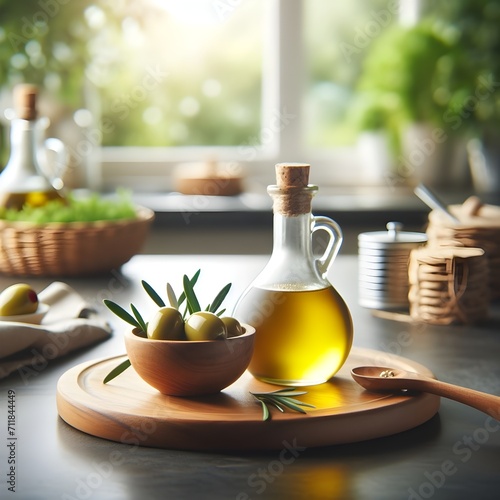 Garrafa de azeite, em cima de uma mesa, com cenário de cozinha ao fundo desfocado, salada, azeitonas e massas acompanhando. photo