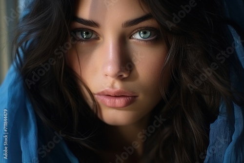 Portrait of a beautiful young woman with green eyes and dark hair wearing a blue headscarf