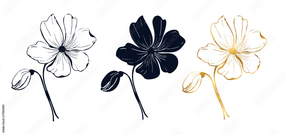 Obraz premium Poppy sketch flower set for design of card or invite, golden line art flower. Vector hand drawn illustration for wedding card or invite.
