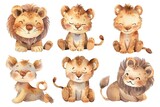 Watercolor set of cute safari lion in different poses. White background, light pastel colors