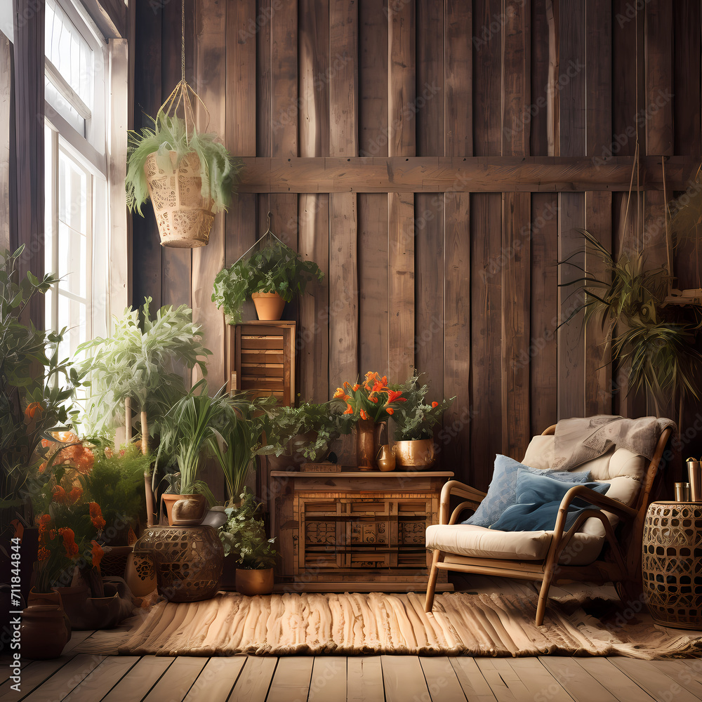 Wooden living room in boho style. Bohemian interior design