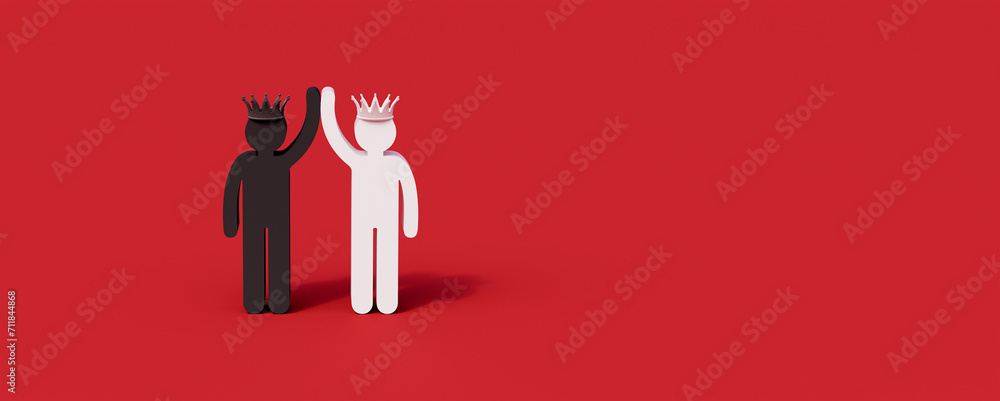 Black and white kings doing high five. Truce and reconciliation concept on red background 3d render 3d illustration