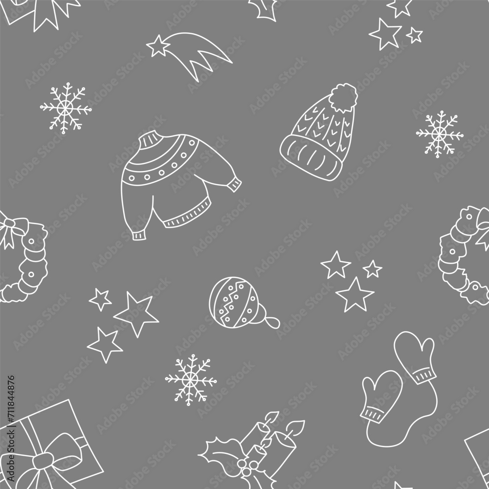 Vector illustration. Happy New Year and Merry Christmas backgraund with hand-drawn New Year and Christmas symbols in sketch style. Festive pattern for textiles, wallpaper, packaging, wrapping paper. Vector illustration. Happy New Year and Merry Christmas backgraund with hand-drawn New Year and Christmas symbols in sketch style. Festive pattern for textiles, wallpaper, packaging, wrapping paper.