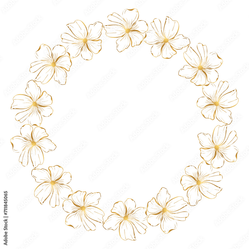 Flower golden frame Poppy flower wreath, round frame for card or invite. Vector line art hand drawn illustration for card or invitation, coloring pages
