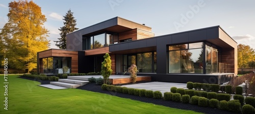 Luxurious modern cubic house with wooden cladding and black panel walls, front yard landscaping photo
