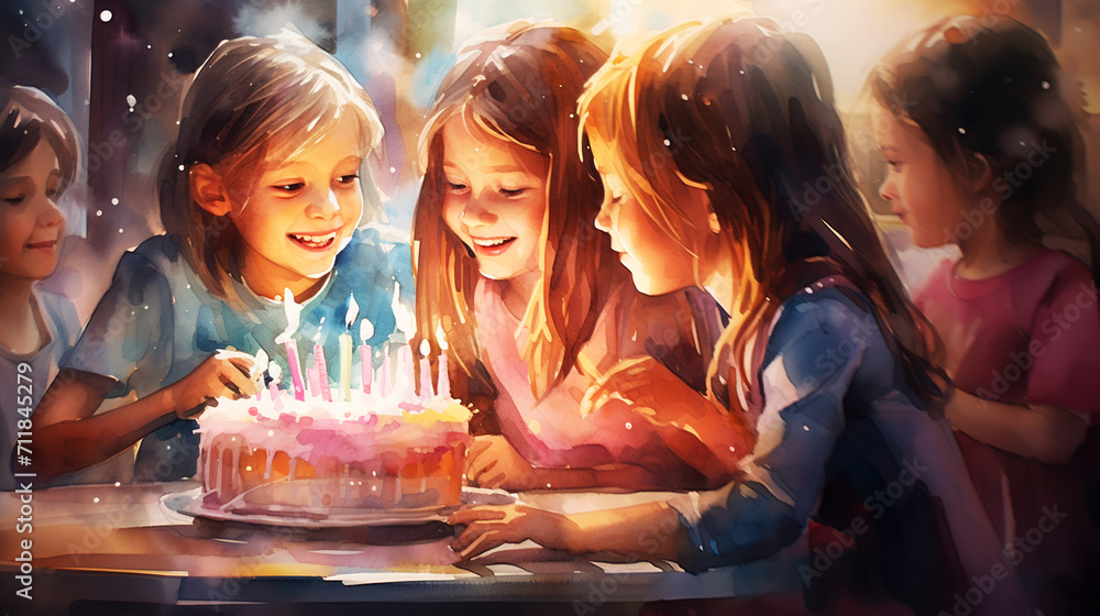 Watercolor of Group of happy and enjoy kids have fun celebrating her birthday with Multinational friend kids birthday celebratiion party. - obrazy, fototapety, plakaty 