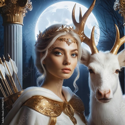 Artemis or Diana Greek goddess of hunt, wilderness, nature, vegetation and childbirth. White Stag. Daughter of Zeus. Goddess of Olympus. Ancient Greek mythology. Silver arrows. Generative AI
