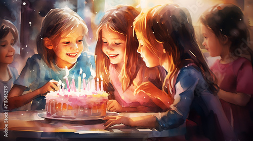 Fototapeta Watercolor of Group of happy and enjoy kids have fun celebrating her birthday with Multinational friend kids birthday celebratiion party.