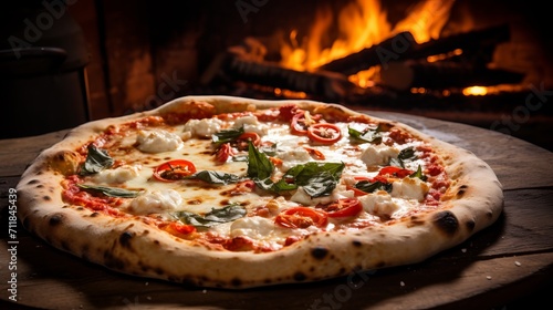 Delicious closeup of freshly baked pizza with traditional wood fired oven in background