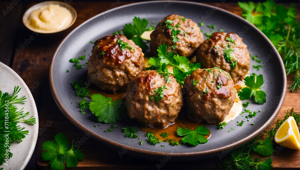 Delicious appetizing meatballs on the table cooking