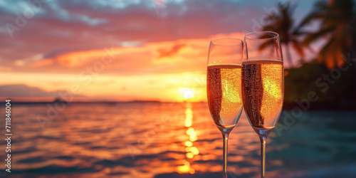 Two glasses of sparkling wine clink against the breathtaking canvas of a beach sunset