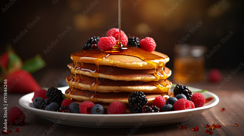 Honey is pouring onto delicious pancakes on a plate with berries on table. - obrazy, fototapety, plakaty 