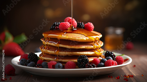 Honey is pouring onto delicious pancakes on a plate with berries on table.