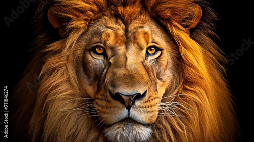 Majestic lion with captivating gaze, radiant mane, standing alone on black background