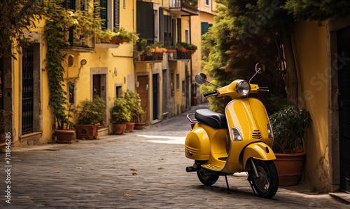 Vintage color scooter in old narrow street in historical center with facade of medieval buildings. Old fashioned yellow motorbike on a cozy city street on sunny summer day. Detail of classic scooter.