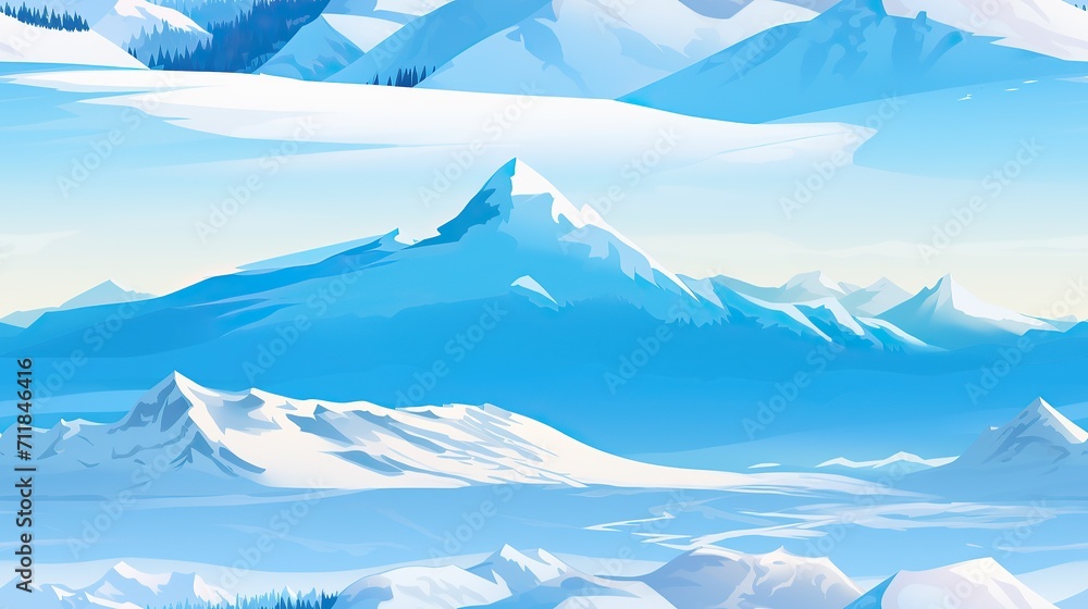Drawing of snow-covered winter mountains. High-altitude winter landscape. Snow seamless background in light blue color