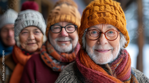 A group of elderly people in winter clothes smile looking at the camera generative ai photo