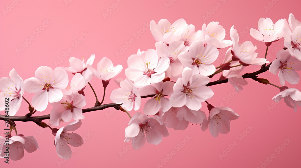 Spring white cherry blossoms on pink background. sakura branches with a blurry image of the flowers. Background of spring flowers for card.Springtime concept