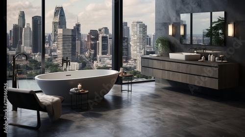 Luxurious modern bathroom with new fixtures, tiles, and floor to ceiling windows
