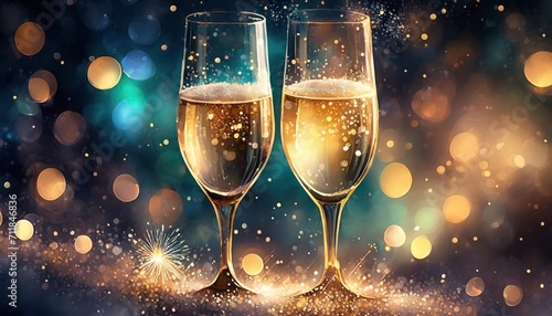two glasses of champagne on dark background with lights bokeh glitter and sparks christmas celebration concept with space for text