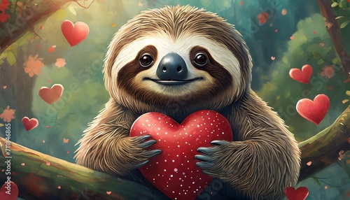 cute adorable sloth holding a red valentine heart on a transparant background photo