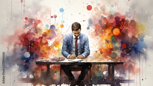 Abstract businessman working in the office watercolor illustration painting background. photo